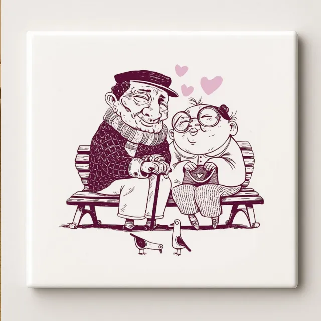 Nevolis Ouderen Koppel Liefde Tegel 15x15cm – Schattige Romantische Illustratie Keramische Wandtegel, Perfect Cadeau voor Jubileum of Valentijnsdag Multi Color