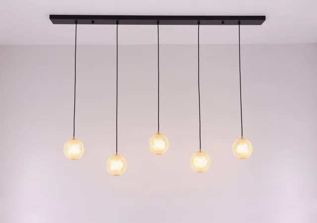 Barco Hanglamp 5 lichts Mystic - zwart amber goud - G9 - plafondplaat 125cm met 5 acryl hangers