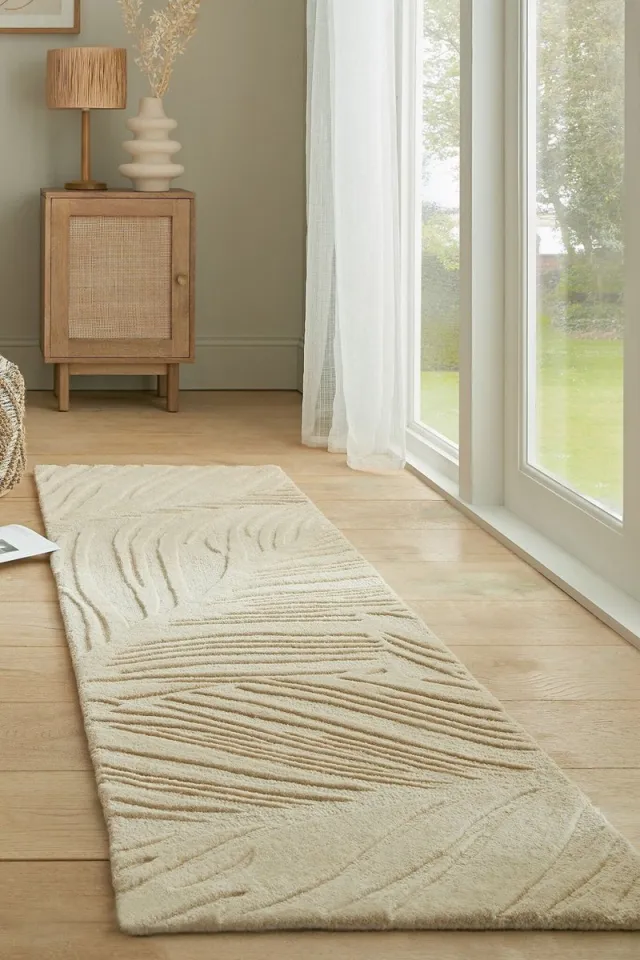 flycarpets Loper Lino Leaf Modern Laagpolig - 100% Wol Vloerkleed - Naturel / Creme - 60x230 cm Beige
