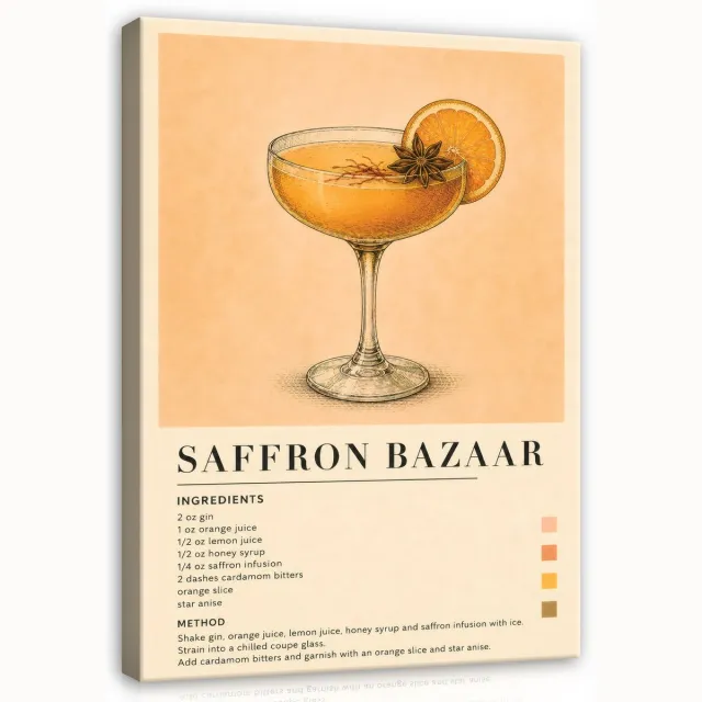 WALLARENA Schilderij op canvas - 40x30 cm - Saffron Bazaar cocktailrecept in retrostijl - keuken wanddecoratie en bar decoratie Beige