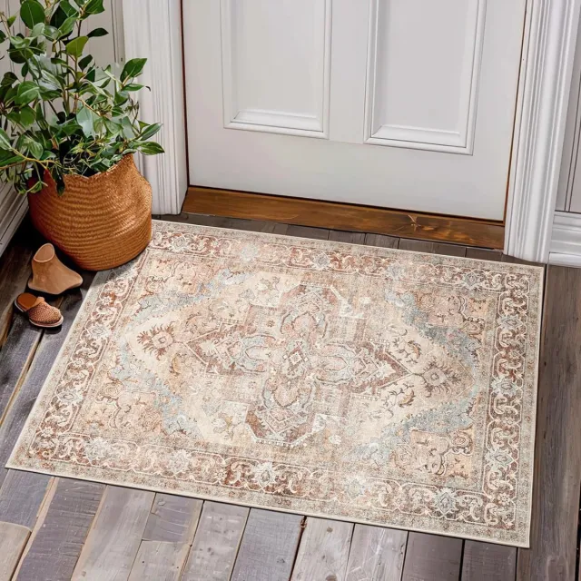 Ziegerood Laagpolig tapijt, 60 x 90 cm, voetmat, vintage deurmat, oosterse bloemen, retro tapijt, mat voor entree, huisdeur, bloemen, antislip, opvouwbaar, woonkamertapijten, Ziegerood multi