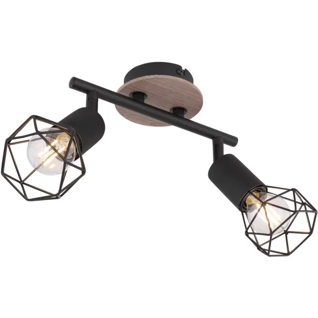 Globo Kooi plafondlamp | 2-lichts | Zwart metaal en hout | E14 | Woonkamer | Eetkamer