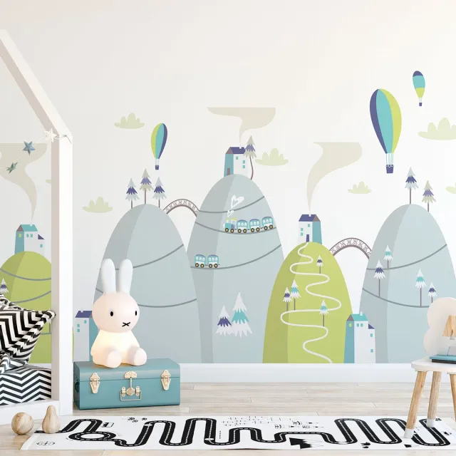 Ambiance Sticker Scandinavische bergstickers met adembenemende heteluchtballonnen, 60 x 90 cm Multi color