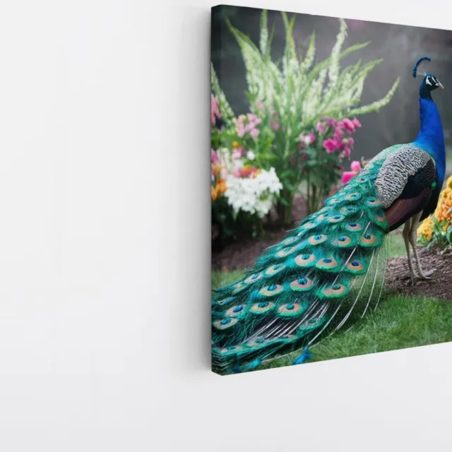 Saammp Canvas Schilderij - Pauw in bloementuin - Dieren - Natuur - 40x40 - Foto op canvas - Wanddecoratie - muurdecoratie Woonkamer - Slaapkamer decoratie - Canvas Print Multicolor