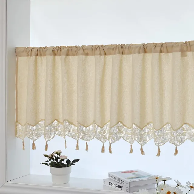 Choicehot Beige franjes, korte gordijnen, gordijnen met kant, korte gordijnen, keuken, vitrage, landhuisstijl, vintage (1 stuk, H30 x B150 cm)