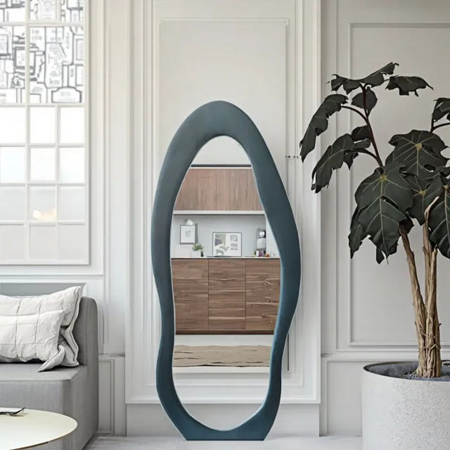 Tuncafi Grote Shaped Staande Spiegel 180x80 cm – Luxe Spiegel – Velvet Spiegel – Suède Spiegel – Blauwe Spiegel – Japandi Spiegel – Scandinavische Spiegel – Grote Wandspiegel – Pas Spiegel – Half Ovaal – Moderne Interieurdecoratie
