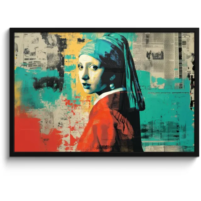 FrameYourWall Poster in lijst - Fotolijst 90x60 cm - Posters - Klassiek - Pareloorbel - Streetartstijl - Kleurrijk - Posterlijst zwart - Decoratie - Wanddecoratie woonkamer - Muurdecoratie slaapkamer Vrouw - Klassiek - Pareloorbel