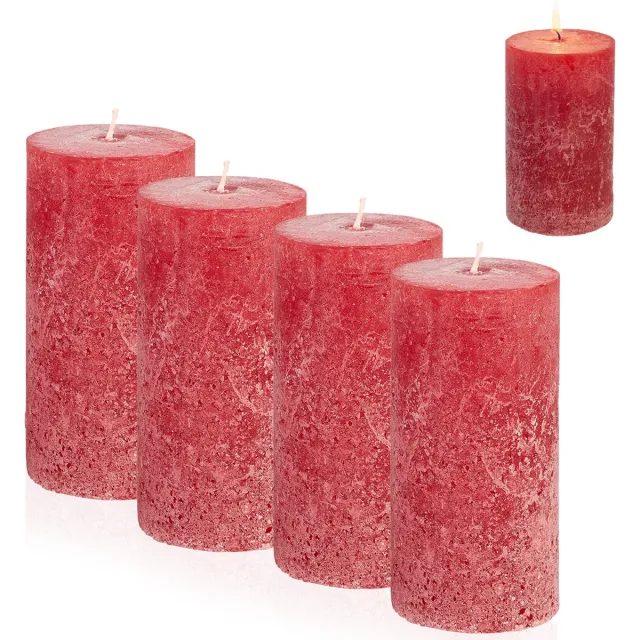 Candelo 4-delige set kaarsen Ambiente rustieke stompkaarsen – rood – grote rustieke kaars 12 cm – lange brandduur ca. 54 uur kerstkaarsen voor adventskrans