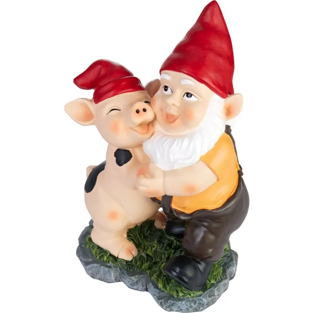 Brubaker Tuinkabouter Dansend met Knorretje - Kabouter met Varken - Grappig Tuinbeeldje - Weerbestendige Decoratie voor Tuin en Camping - Tuindecoratie voor Buiten - 24 cm hoog Biggetje