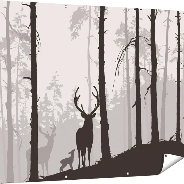 Gards Tuinposter Herten in het Bos - Silhouet - 150x120 cm - Tuindoek - Tuindecoratie - Wanddecoratie buiten - Tuinschilderij Multikleur