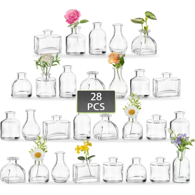 Famanu Glazen kleine vaas voor bloemen: 28 stuks bruiloft bud vazen enkele bloem vaas voor tafeldecoratie mini vazen set glazen flessen voor kamerdecoratie thuis verjaardagsfeestje babyshower Transparant