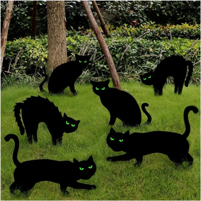Flintry Halloween Zwarte Katten Tuinstekers (Set van 6) - Lichtgevende Ogen in het Donker - Waterdichte Halloween Buiten Decoratie met Grondpennen - Silhouet Katten voor Gazon & Tuin