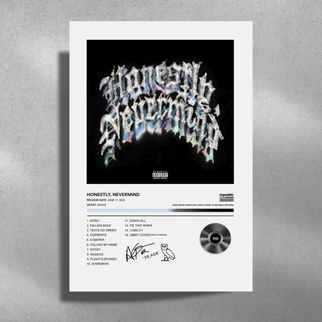 Luxe poster Drake - Honestly, Nevermind - Metalen Poster 30x40cm - album cover blauw