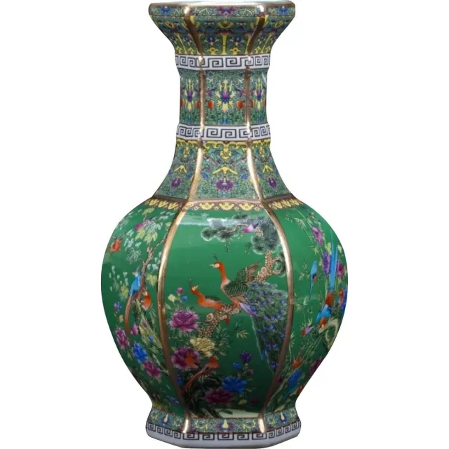 Fine Asianliving Chinese Vaas Porselein Bloemen Vogels Groen D19xH32cm