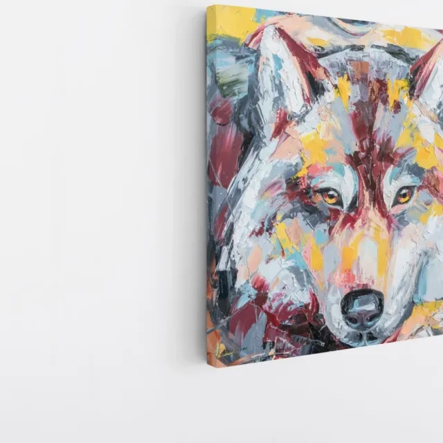 Saammp Canvas Schilderij - Abstract Kleurrijke Wolf - Natuur - Dieren - 40x40 - Foto op canvas - Wanddecoratie - Muurdecoratie Woonkamer - Slaapkamer decoratie - Canvas Print Multicolor