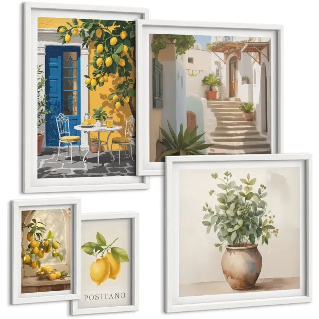 Coloray 5-Delige Schilderij Set - Citrusinspiratie In Mediterrane Stijl - 50 x 50 cm, 20 x 30 cm En 40 x 60 cm - Wanddecoratie - Moderne Interieurdecoratie - Interieur Decoratie Witte lijst