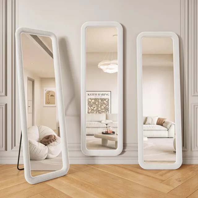ROSAHQNDA Rechthoekige wandspiegel 160x50 cm - Grote passpiegel met wit fluwelen frame, zachte rand en gehard glas voor slaapkamer, kleedkamer en hal Wit-Rechthoekige