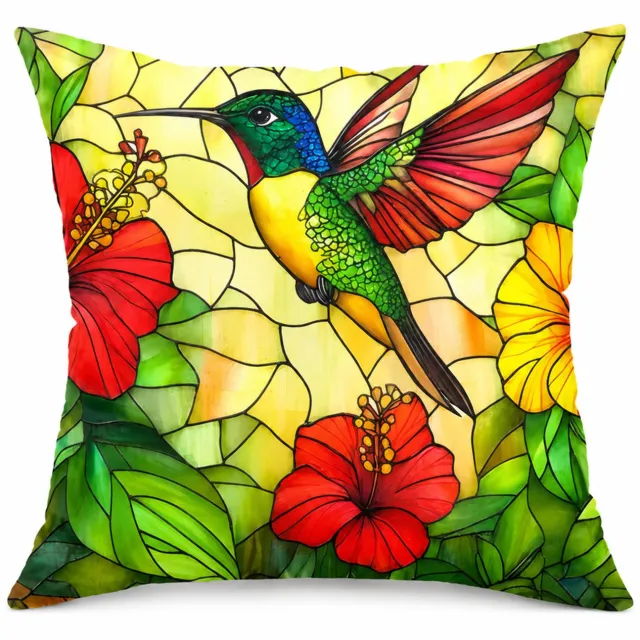 SWGOTA Vierkante kussenhoes 45 × 45 cm met kolibrie en bloemenprint linnen uitvoering groen geel rood zwart