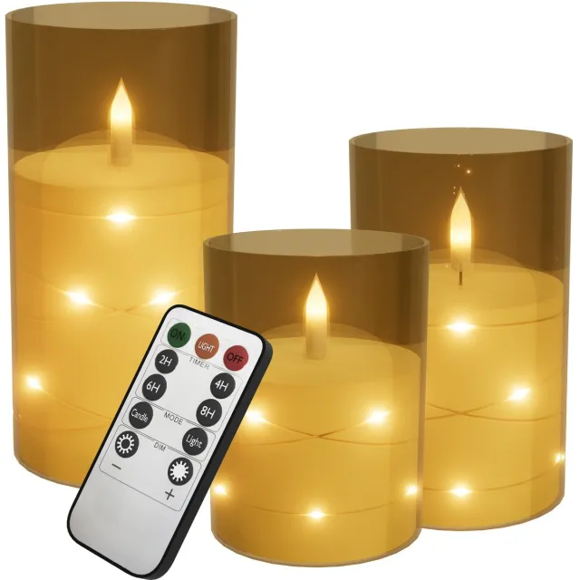 NAIZY 3x LED Kaarsen Kerstkaarsen Theelichtjes draadloos warm wit Kerstkaars met timerfunctie afstandsbediening kaars met clip, voor feestdecoratie met Batterij 10+12,5+15cm Hoog, Goud