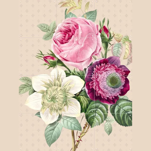 IXXI Vintage Redoute Peonies and Roses II, Bloomery Decor - 60 x 80 cm - Grote wanddecoratie en posters - Naturalisme, Vintage, Eetkamer, Slaapkamer Roze