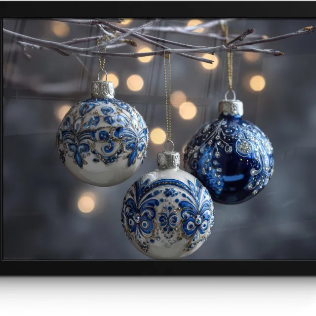 FrameYourWall Poster in lijst - Fotolijst 40x30 cm - Posters - Kerstbal - Versierd - Blauw - Posterlijst zwart - Decoratie - Wanddecoratie woonkamer - Muurdecoratie slaapkamer - Kerstversiering - Kerstdecoratie voor binnen - Kerstmis