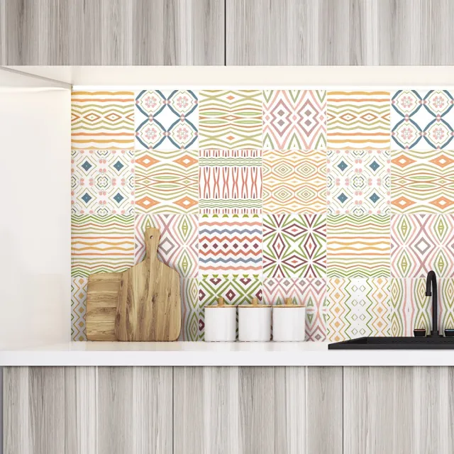 Ambiance Sticker Zelfklevende muurtegelstickers voor keuken en badkamer - 24 etnische cementtegelstickers MATSUMOTO - 24 stickers 10x10cm Multi color