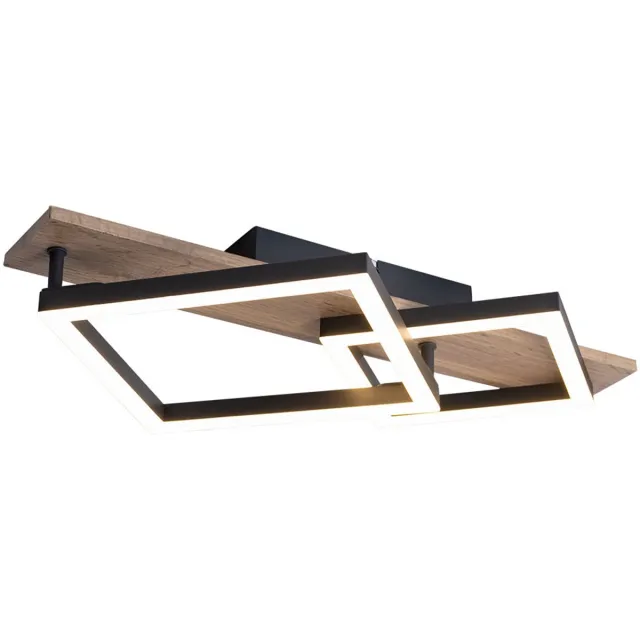Globo LED plafondlamp Designlamp Woonkamerlamp Eetkamerlamp, metaal zwart houteffect kunststof, 18W 1050lm 3000K warm wit, L 47,5 cm