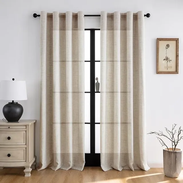 Famanu Gordijnen Kant En Klaar Met Haakjes - Gordijnen Met Plooiband Beige Linnen Look Semi-Vrije Gordijnen Set Van 2 - 225x140 CM - Beige - Grijs - Natuurlijk - Wit