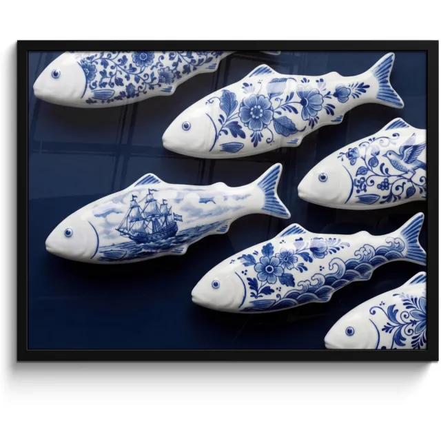 FrameYourWall Poster in lijst - Fotolijst 70x50 cm - Posters - Vissen - Delfts - Blauw - Keramiek - Posterlijst zwart - Decoratie - Wanddecoratie woonkamer - Muurdecoratie slaapkamer