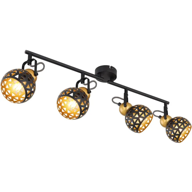 Globo Plafondspot Spotlight strip woonkamerlamp Plafondlamp met gestanste gaten, metaal zwart goud, 4x E14 stopcontacten, LxBxH 60x10x17,5 cm