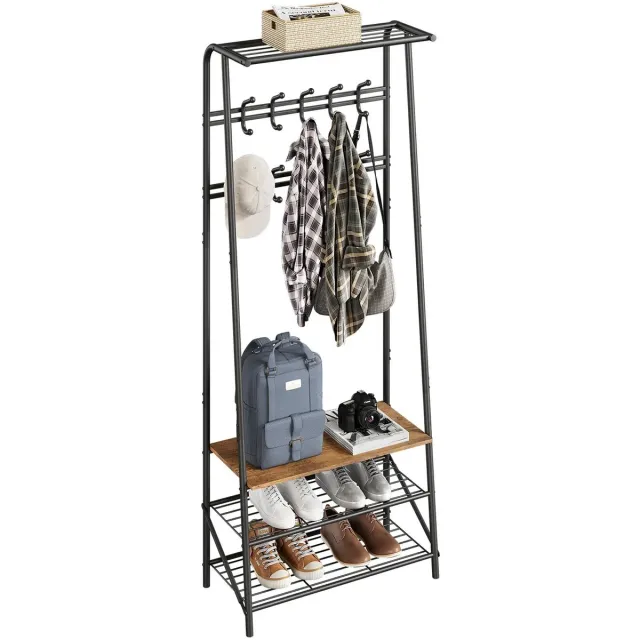 Evaux boutique kapstok - Kapstok met schoenenrek - 4-in-1 kapstok - Schoenenrek - Kledingrek - Entree Organizer - Hoge kwaliteit stalen frame - Zitbank tot 160 kg draagkracht - Ruimtebesparend - Industrieel design - Zwart met hout Zwart,Hout