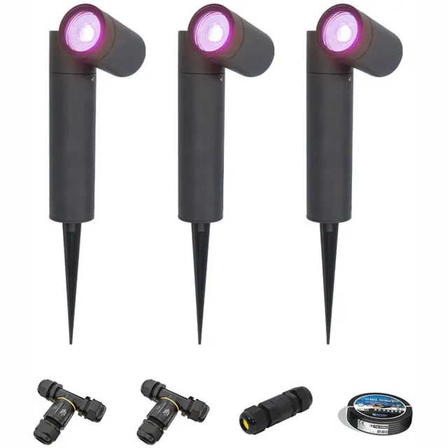HOFTRONIC SMART Set van 3 Pinero - Smart LED Prikspot - IP65 - 5,5W 400lm - RGBWW - GU10 - Wifi + Bluetooth - IP65 - Bestuurbaar via app - Google Home, Amazon Alexa en Siri - Zwart - Tuinspots - Inclusief installatiemateriaal (Kabel & connector)