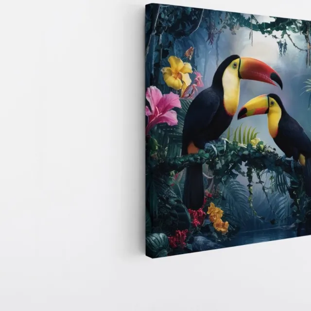 Saammp Canvas Schilderij - 2 toekans tussen de bloemen - Dieren - Bloemen - 30x30 - Foto op canvas - Wanddecoratie - muurdecoratie Woonkamer - Slaapkamer decoratie - Canvas Print Multicolor