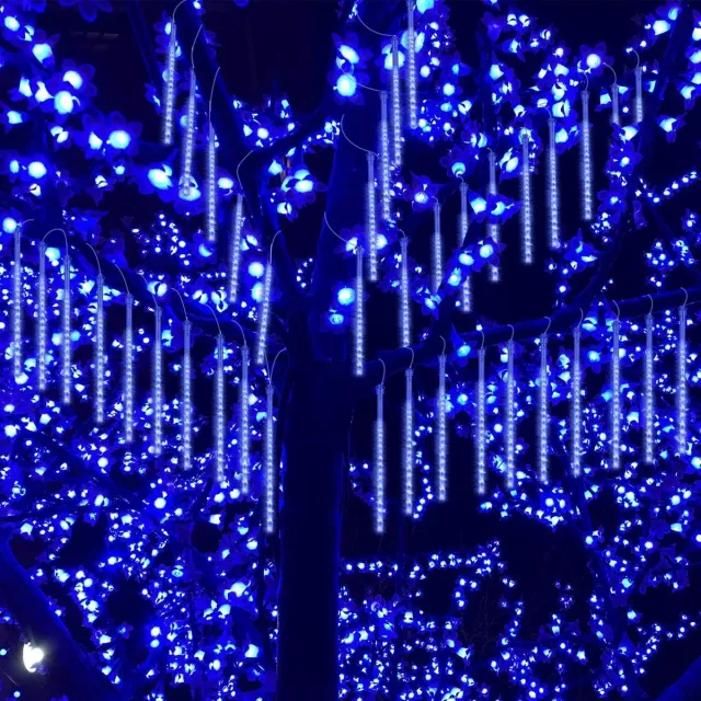 Ynkkvre lichtsnoer – buiten LED regen douche lichtsnoer 8 buizen 192 LED’s 30 cm waterdicht voor bruiloft, feest, kerst, tuin, blauw