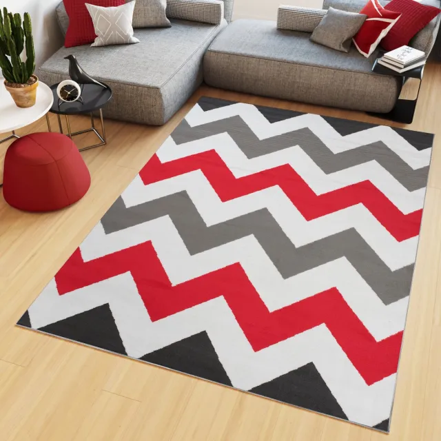 Tapiso Maya Vloerkleed Grijs Rood Laagpolig Zigzag Tapijten Maat- 200x200