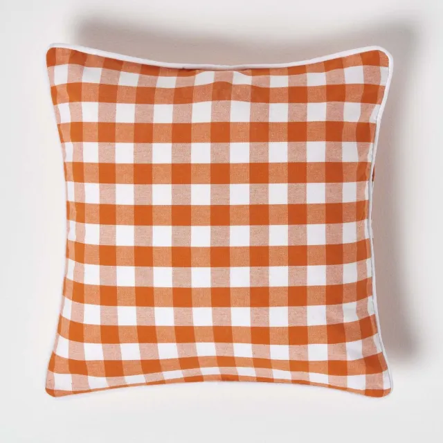 Homescapes Oranje geruite kussenhoes 45 x 45 cm gemaakt van 100% katoen