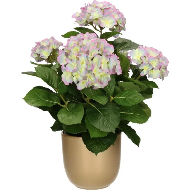 Mica Decorations Hortensia kunstplant/kunstbloemen 45 cm - paars/groen - in pot goud glans - Kunst kamerplant