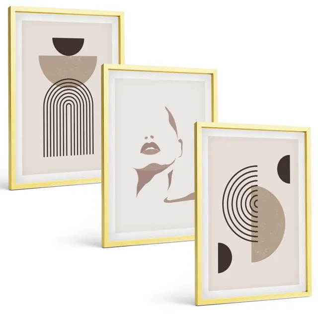 TULUP 4-Delige Schilderij Set - Abstracte geometrische vormen en gezichtssilhouet - 40 x 60 cm - Moderne Wanddecoratie - Slaapkamer Gouden lijst