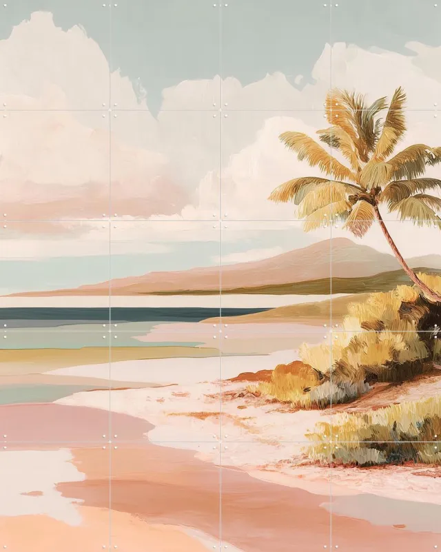 IXXI Pastel Tropical Lagoon Landscape, Branka Kodžoman - 80 x 100 cm - Grote wanddecoratie en posters - Kleurrijk, Woonkamer, Strandhuis, Slaapkamer Groen / Roze / Beige