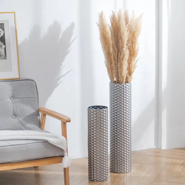 Famanu Grote metalen vloervazen set van 2, 70/55 cm hoog, voor droogbloemen en kunstbloemen, honingraat patroon, ideaal voor woonkamer en interieurdecoratie wit