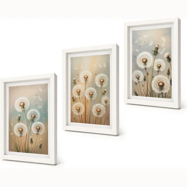 Coloray 3-Delige Schilderij Set - Paardenbloemen op een pastelkleurige achtergrond - 20x30 - Moderne Wanddecoratie - Slaapkamer - Muurdecoratie Witte lijst