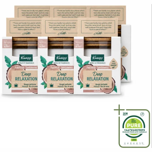Kneipp 6 x Kneipp - Geurkaars - Deep Relaxation - Sandelhout & Patchouli - 20 branduren - Grootverpakking - Vaatwasstrips - Geurkaars - Ontspanning - Sandelhout - Patchouli - Wellness Wit