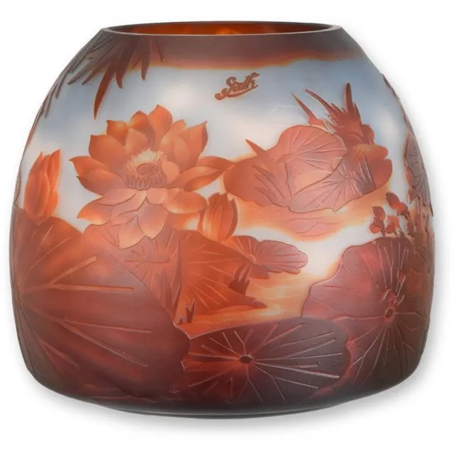 VntiQue Glazen vaas ‘Lelievijver’ – decoratieve Cameo glas vaas – handgemaakt art nouveau sierobject voor tafeldecoratie en interieurdecoratie Oranje
