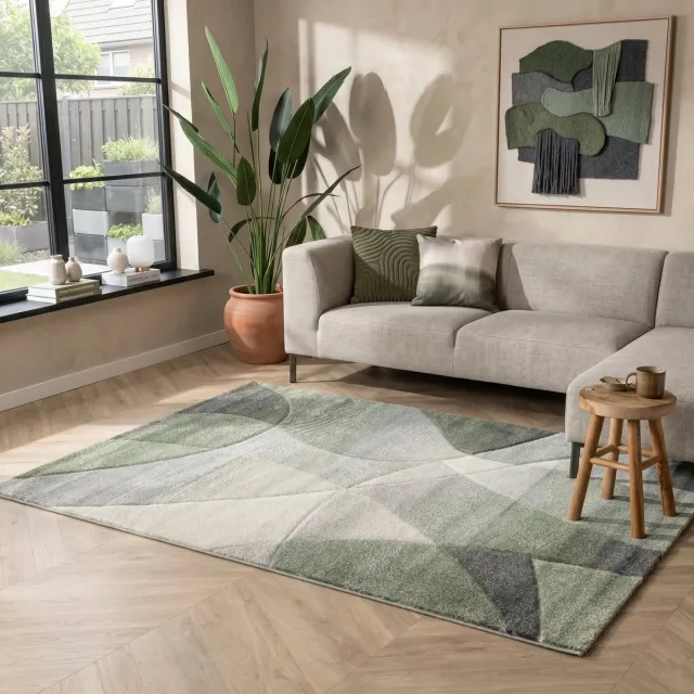 flycarpets Vernazza Abstract Vloerkleed - Groen / Creme - Laagpolig Tapijt