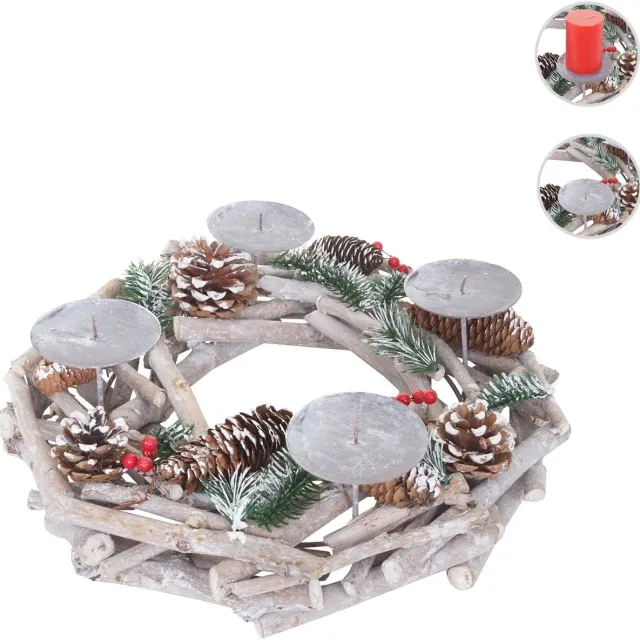 MCW Adventskrans rond, kerstdecoratie tafelkrans, hout Ø 35cm wit-grijs ~ zonder kaarsen