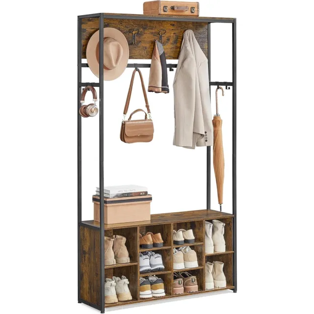 Conway Living Kapstok met Schoenenkast - Kapstok met bank - Kledingrek - Schoenenrek - 18 haken - bovenste plank - voor hal - slaapkamer - industrieel design - vintage bruin - zwart