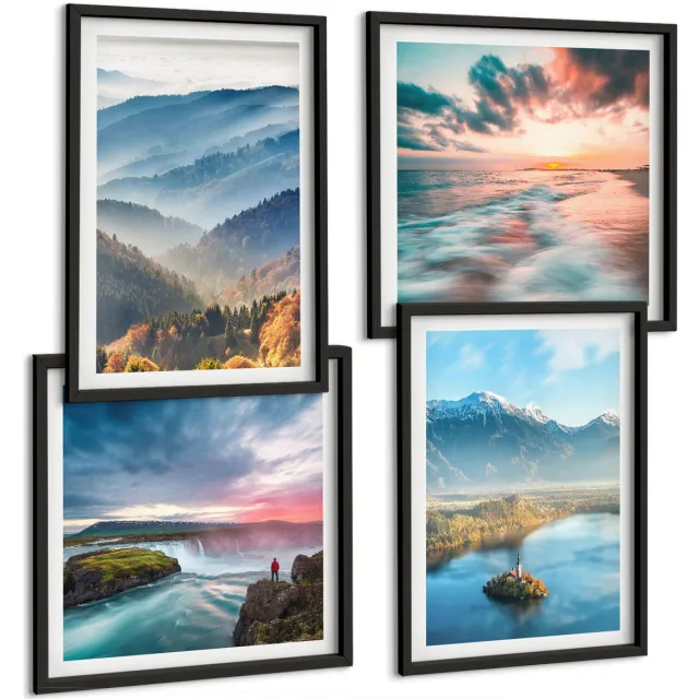 Coloray 4-Delige Schilderij Set - Schilderachtige Berglandschappen En Watervallen In De Natuur. - 40 x 40 cm En 40 x 60 cm - Moderne Wanddecoratie - Woonkamer Zwarte lijst