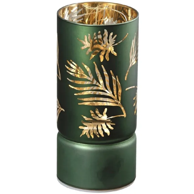 Gilde Windlicht (LED) cilindrisch “LEAVES” groen met goud