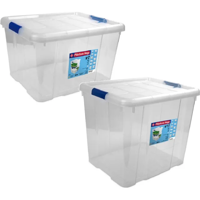 Hega hogar 2x Opbergboxen/opbergdozen met deksel 25 en 35 ltr kunststof transparant/blauw - 42 x 35 x 25 en 42 x 35 x 35 cm - Opbergbakken