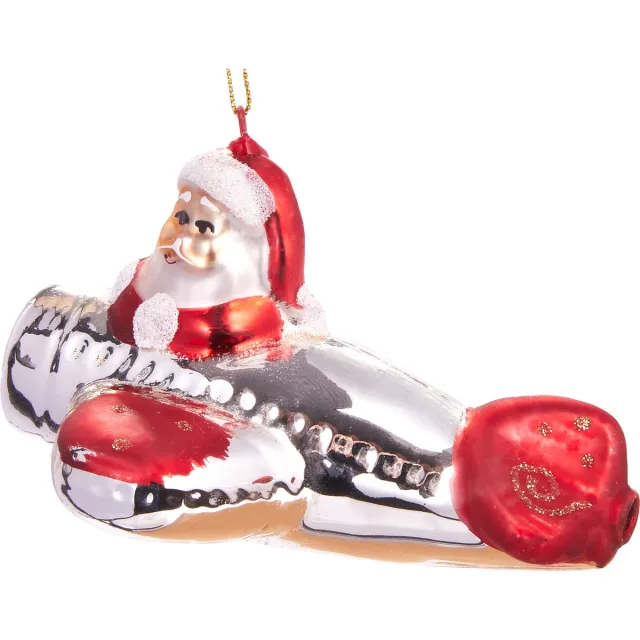 Brubaker Kerstman In Vliegtuig - Handgeschilderde Glazen Kerstbal - Handgeblazen Kerstversiering - Grappige Kersthanger - Kerstboom Decoratie - 12 cm Kerstman op het vliegtuig